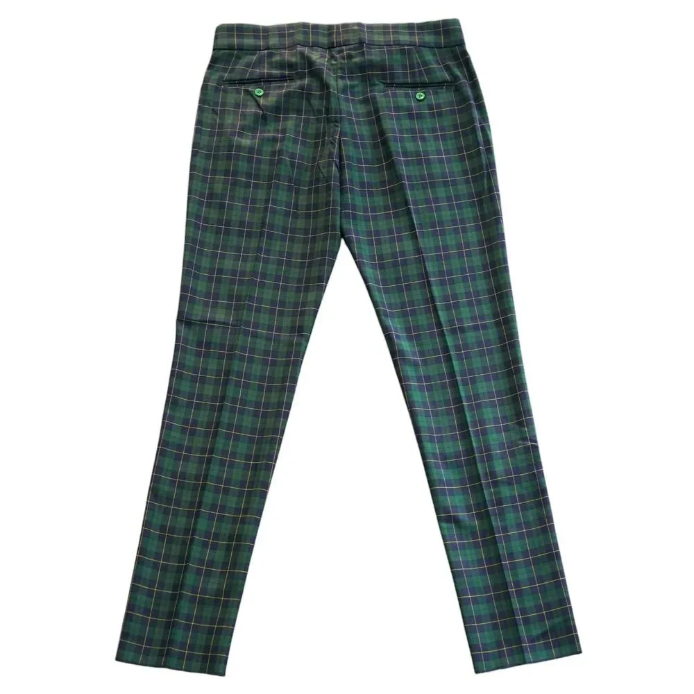 Mens 36 Gurkha Pants Green Navy Tartan Plaid Wool Flat Front Slim Fit Trousers